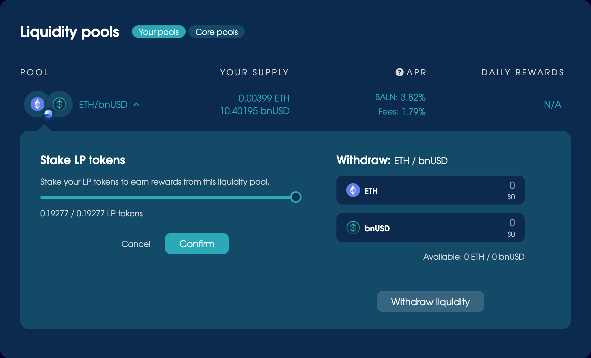 The Liquidity Pools section, set to 'Your pools' with a pool expanded to demonstrate how to stake LP Tokens